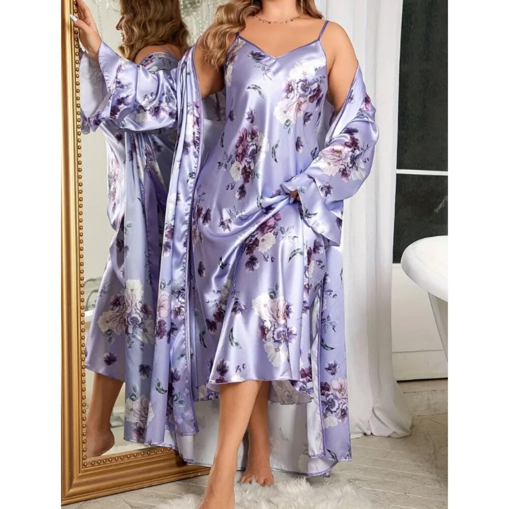 Plus Size Floral Nightgown & Pajama Set with Suspender
